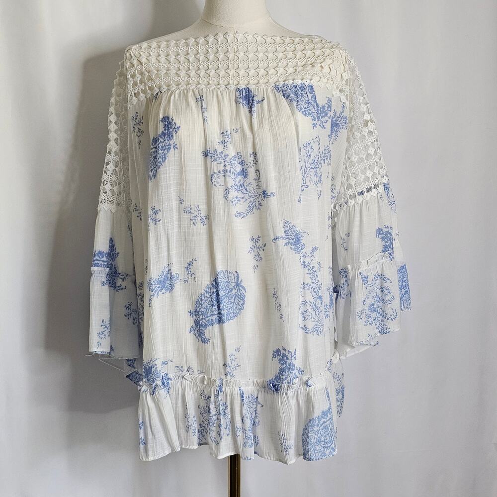 Lifestyle Attitude 1x‎ Boho Floral Ruffled Flowy Peasant Crochet Blouse
